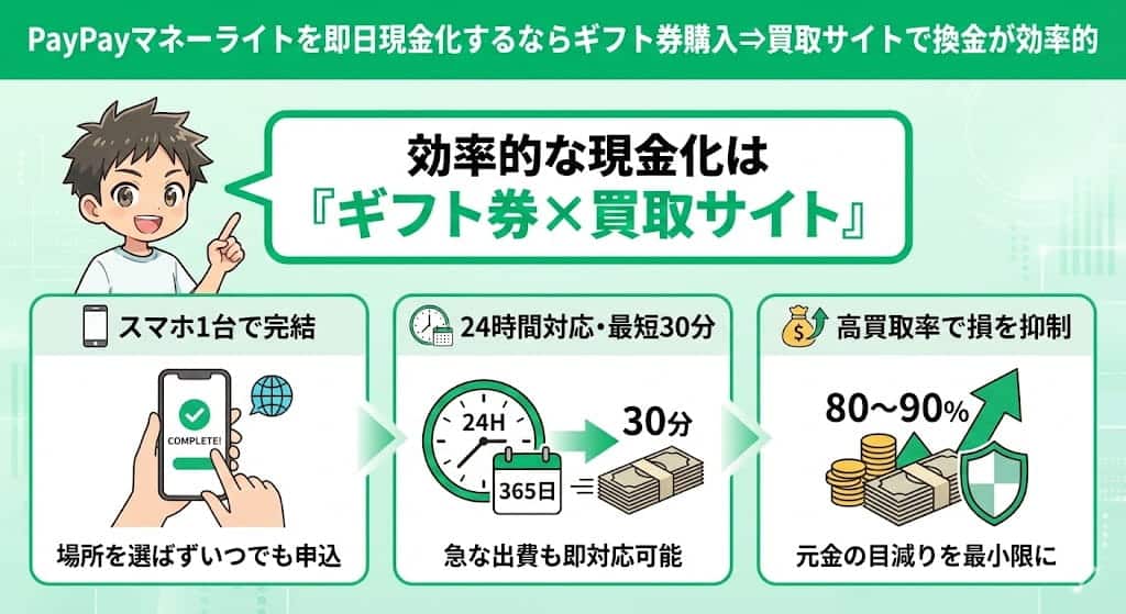 PayPayマネーライトを即日現金化するならギフト券購入⇒買取サイトで換金が効率的