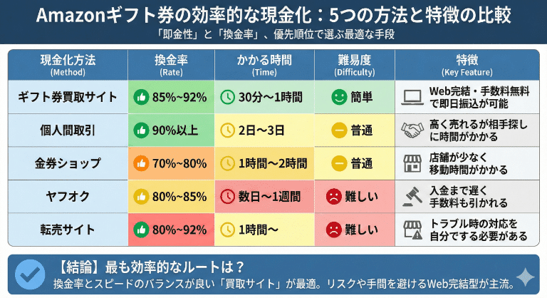 Amazonギフト券を現金化する主な方法5選と特徴の比較